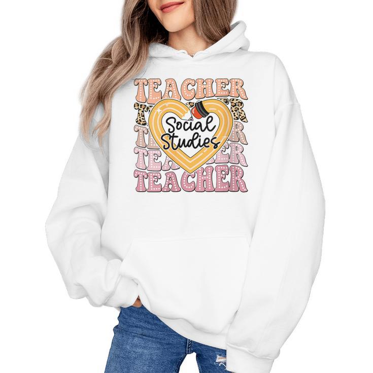 Social Studies Teacher Pencil Heart Leopard Back To School Women's Hoodie