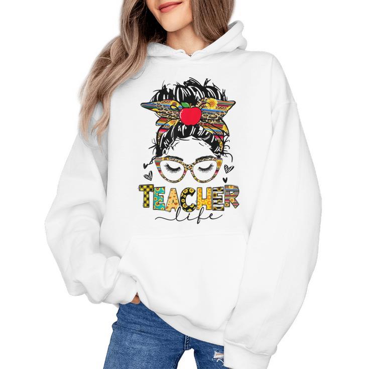 Teacher Life Messy Bun Glasses Leopard Sunflower Women's Hoodie