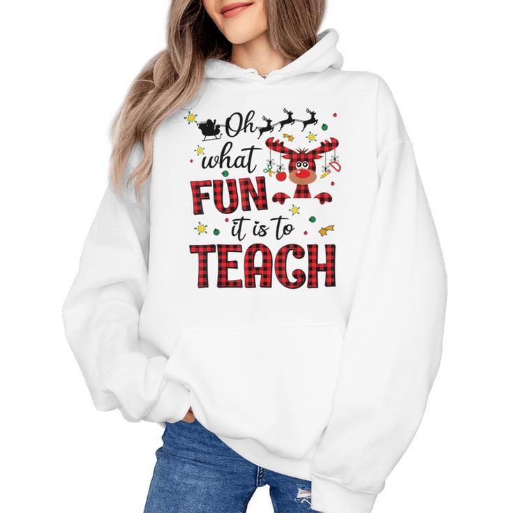 Teachers Oh What Fun It Is To Teach Cute Red Plaid Reindeer Women's Hoodie