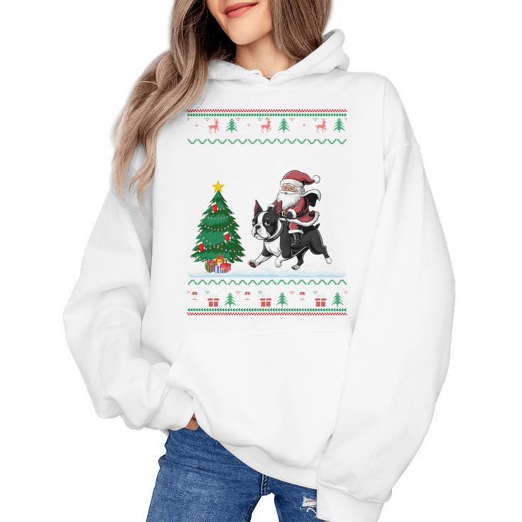 Ugly Christmas Tree Lights Xmas Santa Riding Boston Terrier Women's Hoodie