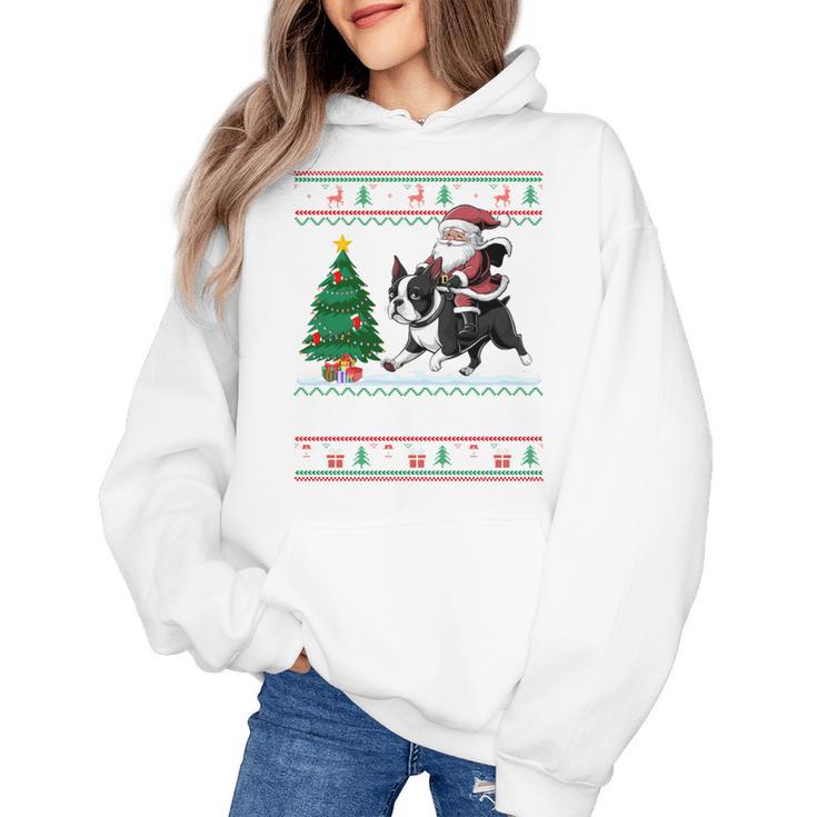 Xmas Tree Lighting Santa Riding Boston Terrier Christmas Women's Hoodie