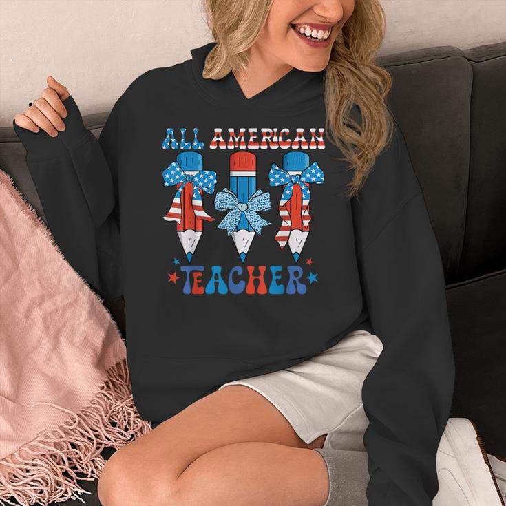 All American Teacher Pencil Coquette Bow USA Flag Teachers Women's Hoodie, funny design
