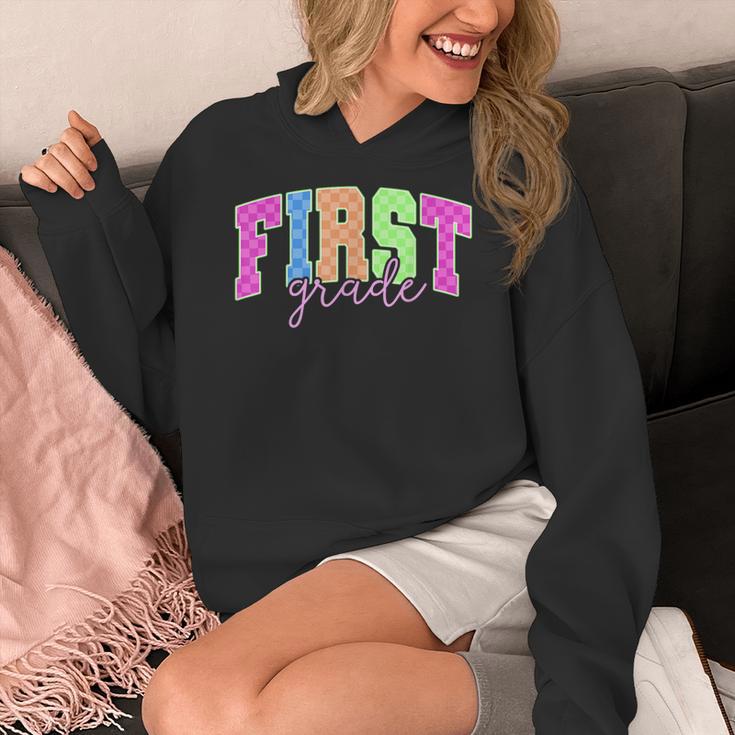 Back To School Neon Checkered First Grade Colorful Teacher Women's Hoodie, First Grade Teacher Gifts, funny design