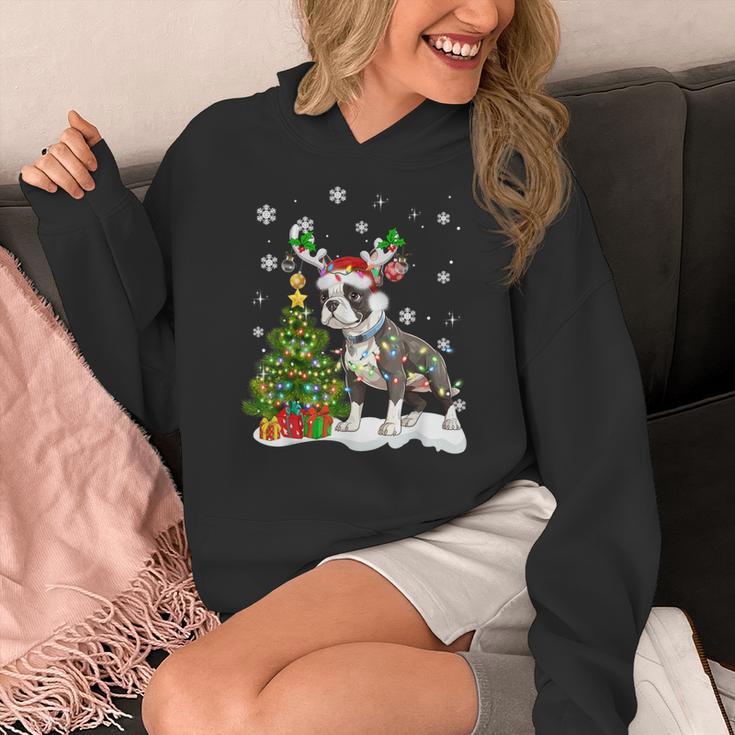 Boston Terrier Christmas Tree Lights Santa Hat Women's Hoodie, Boston Terrier Christmas Gifts, funny design