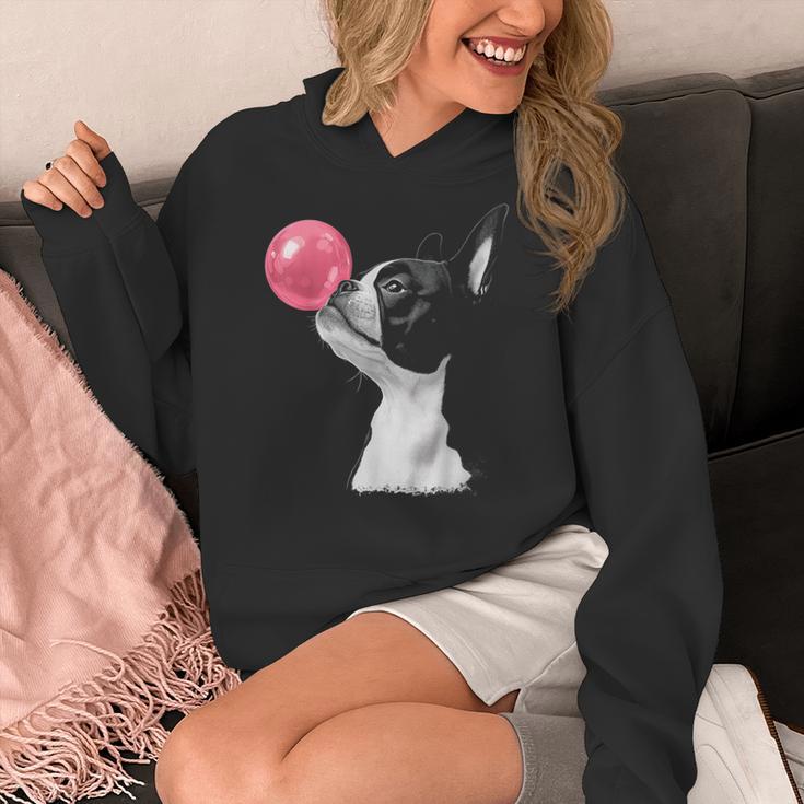 Boston Terrier Dog Blowing Chewing Bubble Gum Pink Women's Hoodie, funny design