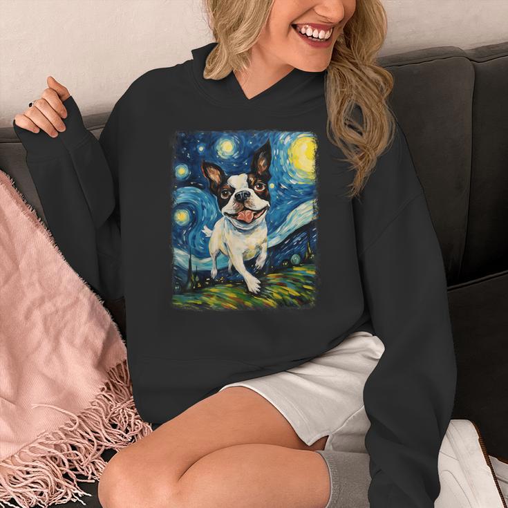 Boston Terrier Dog Starry Night Painting Women's Hoodie, funny design