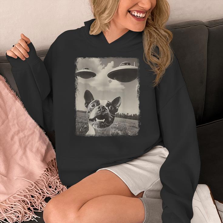Boston Terrier Dog UFO Alien Extraterrestrial Selfie Women's Hoodie, funny design