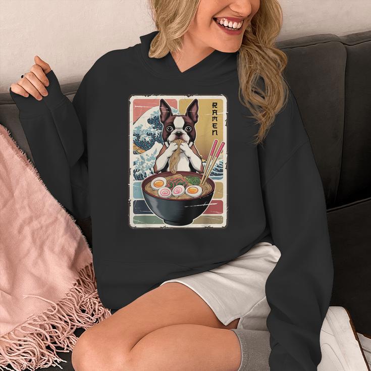 Boston Terrier Ramen Noodles Japanese Art Retro Ocean Waves Women's Hoodie, funny design