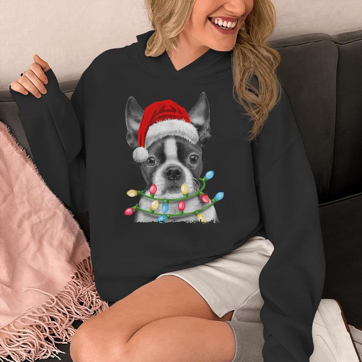 Boston Terrier Santa Christmas Tree Lights Xmas Boys Men Dog Women's Hoodie, Boston Terrier Christmas Gifts, funny design