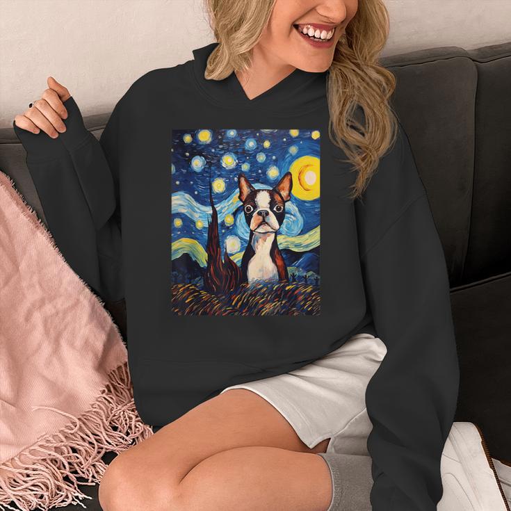 Boston Terrier Starry Night Van Gogh Art Women's Hoodie, funny design