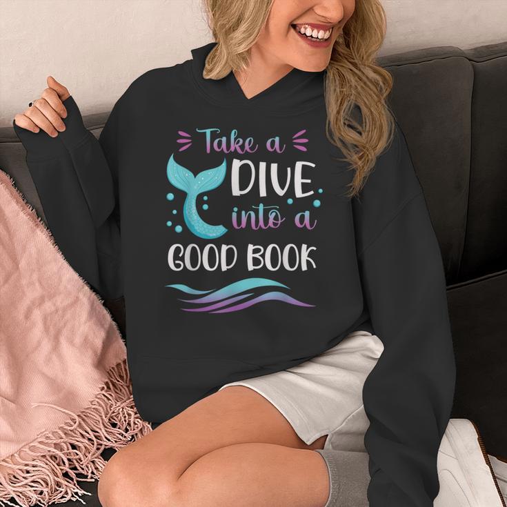 Cute Mermaid Librarian Teacher Dive Into A Good Book Reading Women's Hoodie, funny design Cute Mermaid Librarian Teacher Dive Into A Good Book Reading Women's Hoodie, funny design