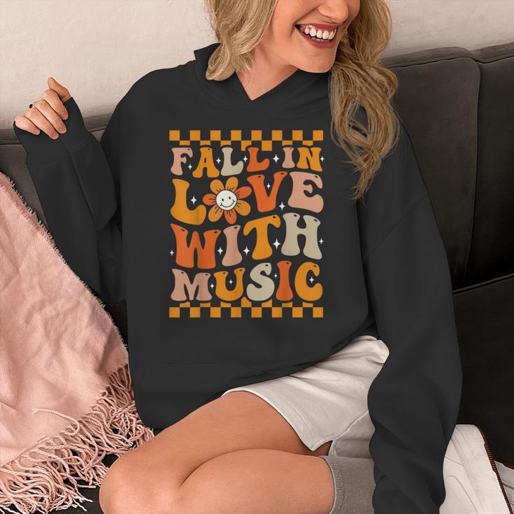 Fall In Love With Music Groovy Thanksgiving Music Teacher Men Women Girls Kids Women's Hoodie, Groovy Teacher Gifts, funny design
