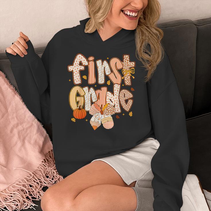First Grade Fall Floral Coquette Bow Teachers Students Women's Hoodie, First Grade Teacher Gifts, funny design First Grade Fall Floral Coquette Bow Teachers Students Women's Hoodie, First Grade Teacher Gifts, funny design