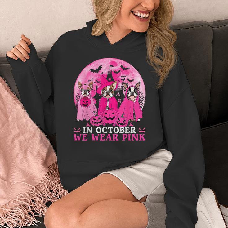 Ghost And Witch Boston Terrier Dog In October We Wear Pink Women's Hoodie, Boston Terrier Ghost Gifts, funny design