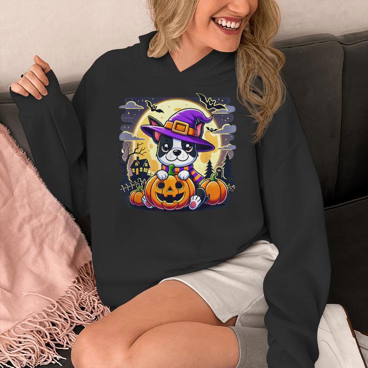 Halloween Boston Terrier Dog Breed With Jack O' Lantern Art Women's Hoodie, Boston Terrier Halloween Gifts, funny design