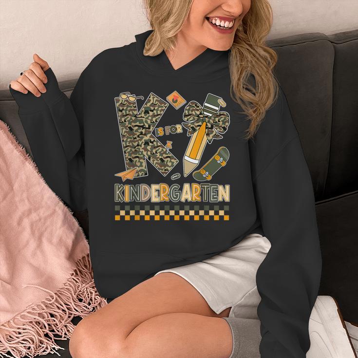 K Is For Kindergarten Teacher Coquette Bow Camo Women's Hoodie, funny design K Is For Kindergarten Teacher Coquette Bow Camo Women's Hoodie, funny design
