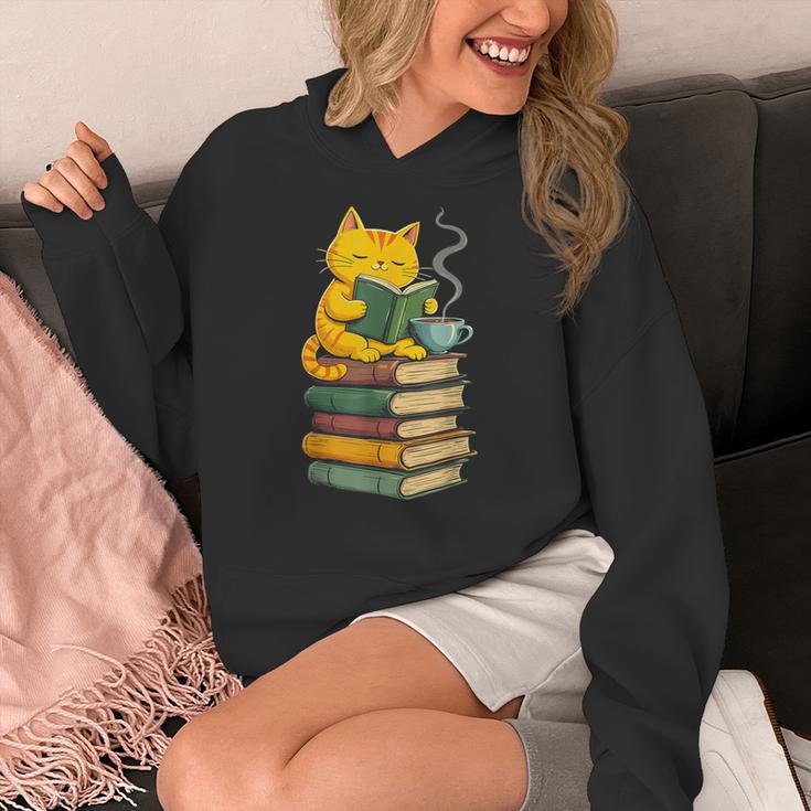 Kawaii Cats Lover Coffee Books Teacher Librarian Cat Women's Hoodie, funny design