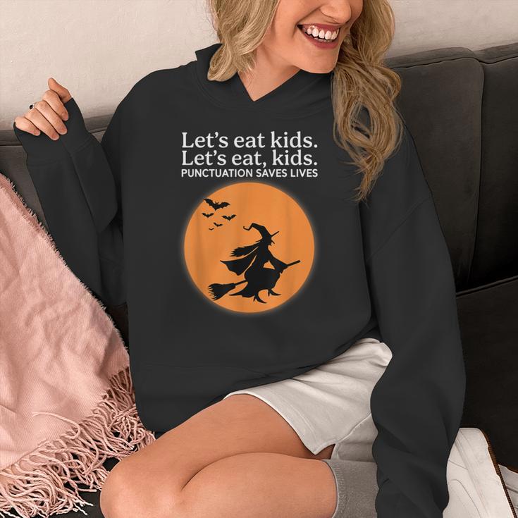 Let's Eat Kids Punctuation Saves Live Witch Grammar Teacher Women's Hoodie, funny design
