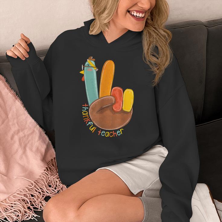 One Thankful Teacher Thanksgiving Turkey Peace Hand Sign Women's Hoodie, funny design