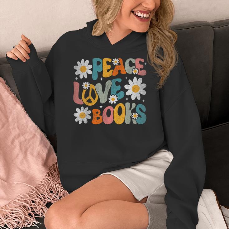 Peace Love Books Bookworm Librarian Reading Teacher Groovy Women's Hoodie, Groovy Teacher Gifts, funny design