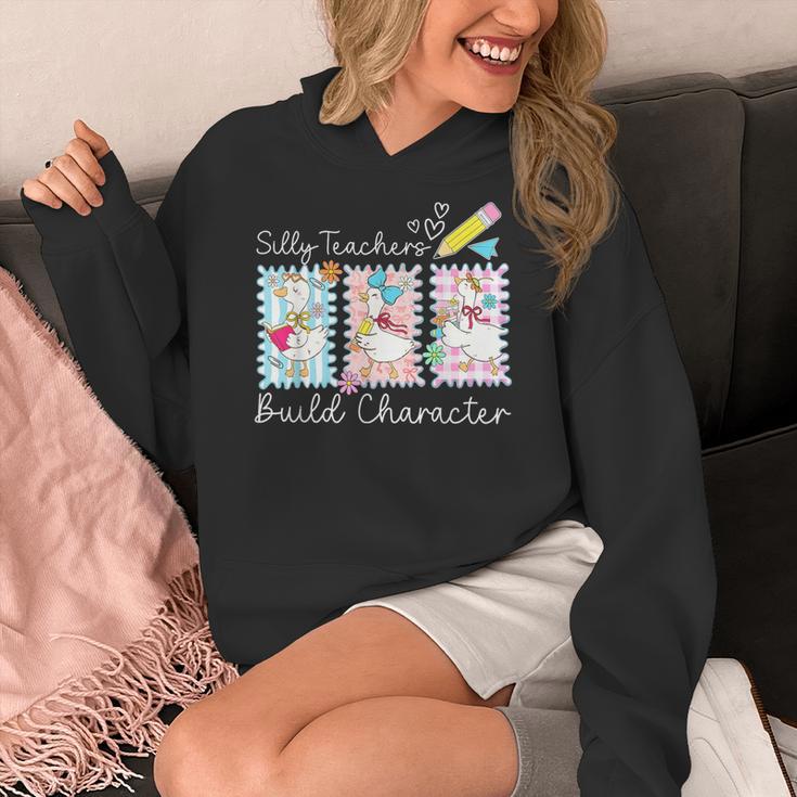 Preppy Silly Teacher Goose Build Character Back To School Women's Hoodie, funny design