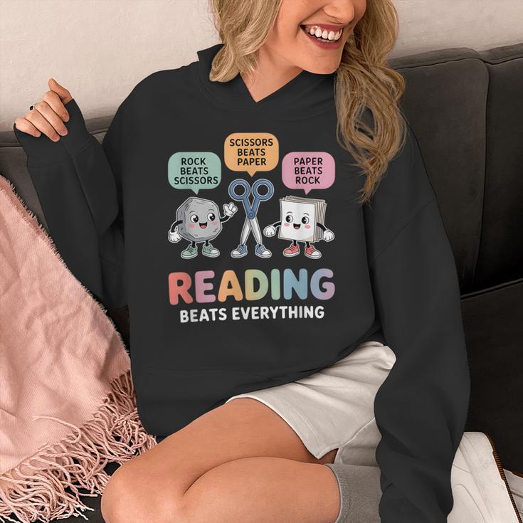 Reading Beats Everything Teacher Rock Paper Scissors Women's Hoodie, funny design