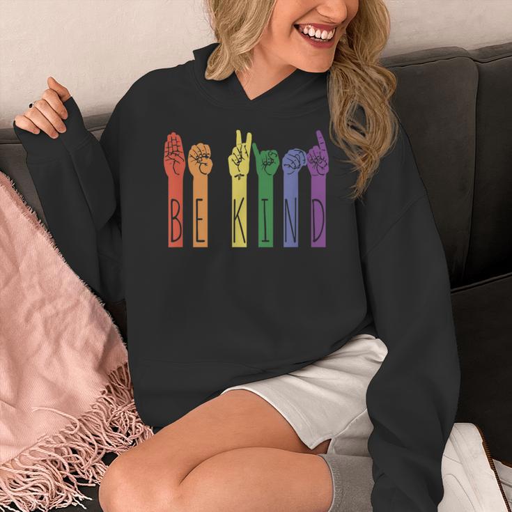 Retro Be Kind ASL Deaf Teacher Sign Language Gay Pride Women's Hoodie, funny design