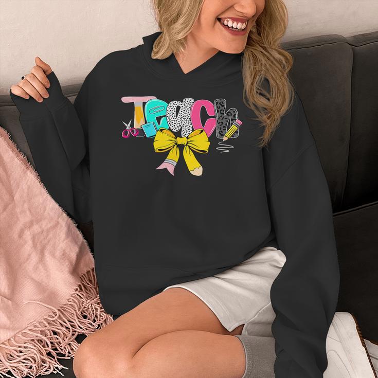 Teach Coquette Bow Teacher Back To School Happy First Day Women's Hoodie, funny design Teach Coquette Bow Teacher Back To School Happy First Day Women's Hoodie, funny design