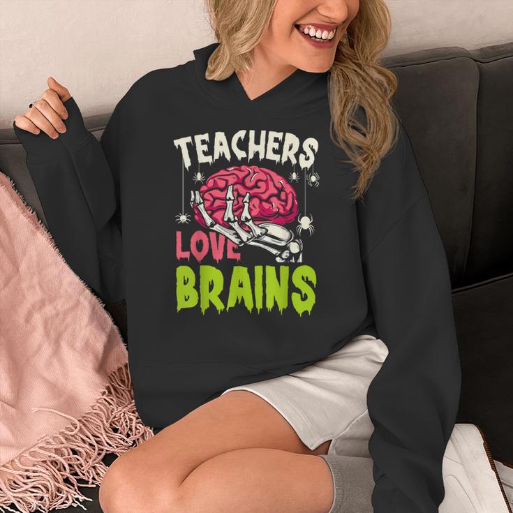 Teachers Love Brains Skeleton Halloween Teacher Funny Women's Hoodie, funny design