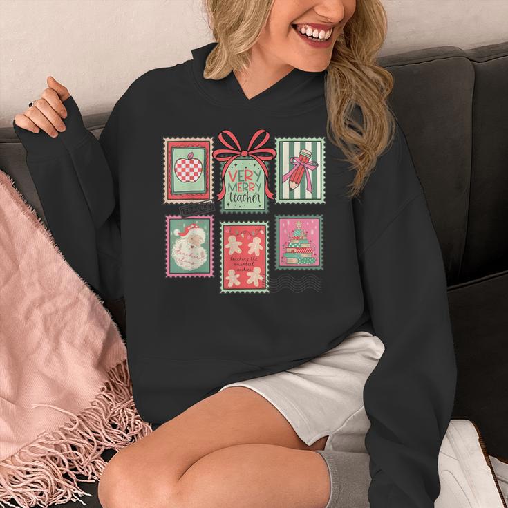 Vintage Preppy Very Merry Teacher Santa Stamps Christmas Women's Hoodie, funny design