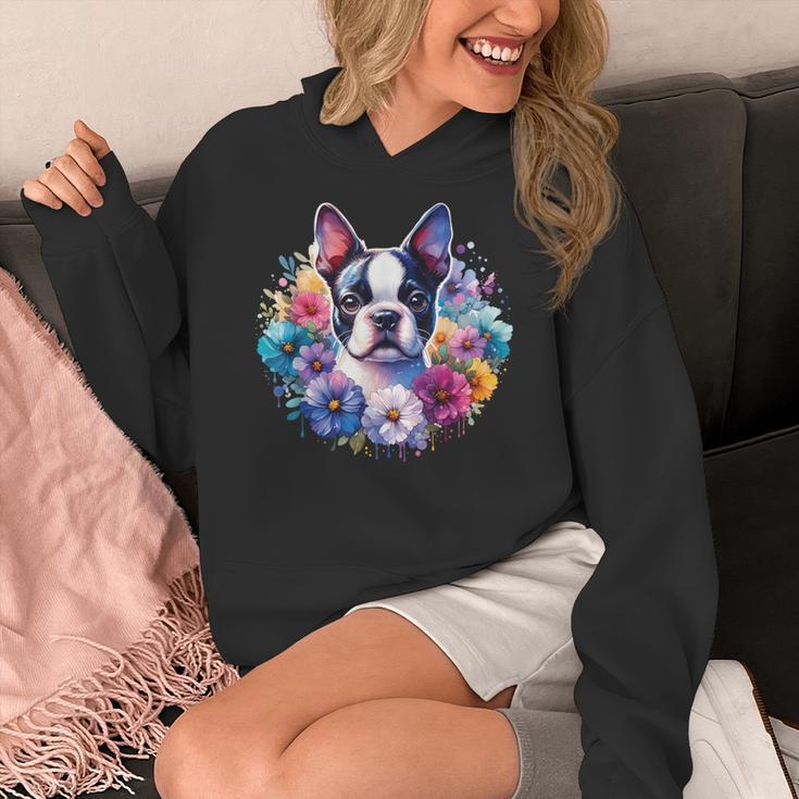 Watercolor Floral Boston Terrier Mama Dog Lover Mother's Day Women's Hoodie, funny design