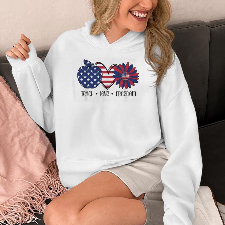 American Flag Teach Love Freedom Preschool Teacher 4th July Women's Hoodie, funny design