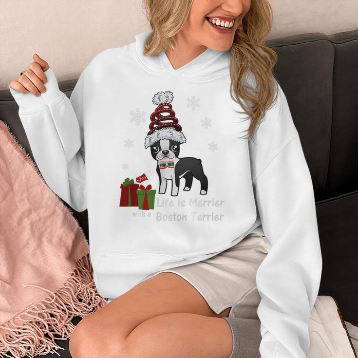 Boston Terrier Christmas T Shirt-Life Is Merrier Premium Tri-Blend Women's Hoodie, Boston Terrier Christmas Gifts, funny design