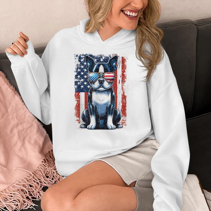 Boston Terrier Dog American USA US Flag Pets Vintage Outfit Women's Hoodie, American Boston Terrier Gifts, funny design