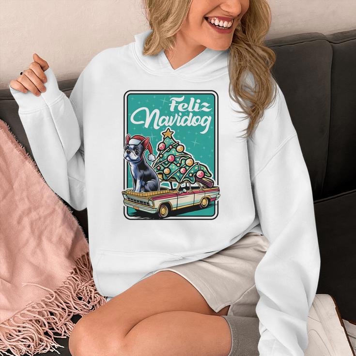Boston Terrier Merry Christmas Tree Truck Dog X-Mas Women's Hoodie, Boston Terrier Christmas Gifts, funny design