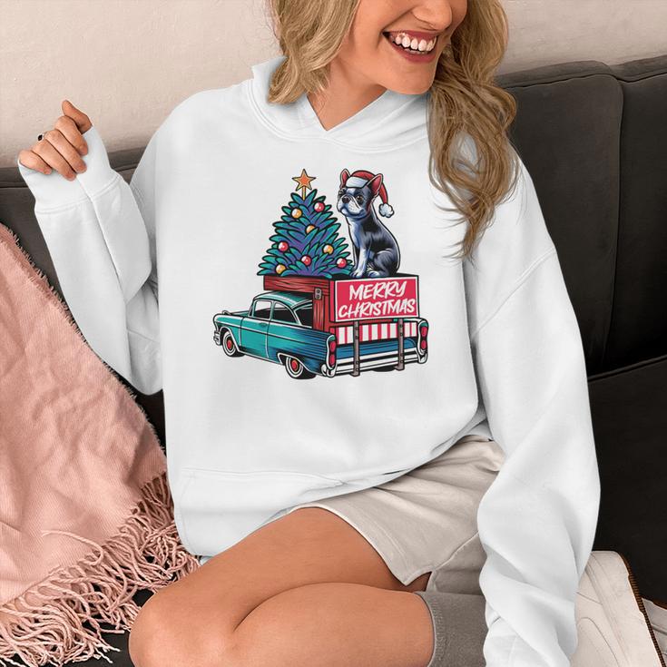 Boston Terrier Merry Christmas Tree Truck Santa Dog X-Mas Women's Hoodie, Boston Terrier Christmas Gifts, funny design