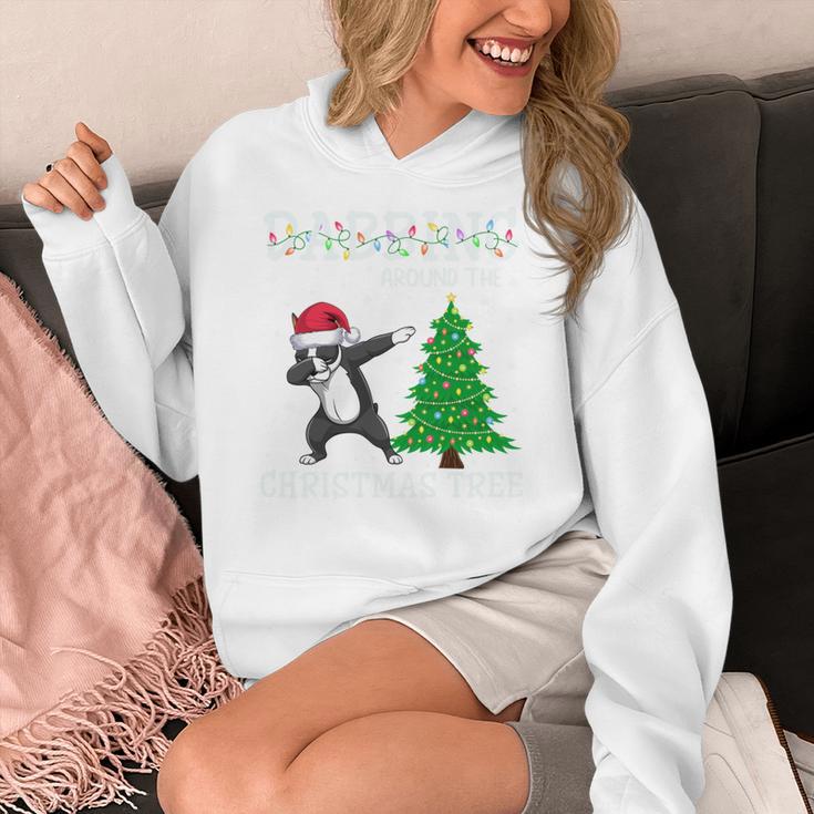 Boston Terrier Santa Hat Dabbing Around The Christmas Tree Women's Hoodie, Boston Terrier Christmas Gifts, funny design