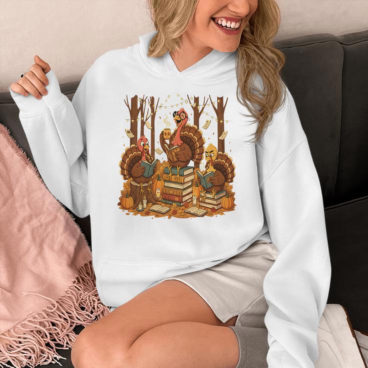 Librarian Turkey Reading Book Fall Thanksgiving Teacher Book Women's Hoodie, funny design
