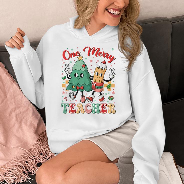 One Merry Teacher Groovy Christmas Tree Pjs Xmas Teacher Women's Hoodie, Groovy Teacher Gifts, funny design