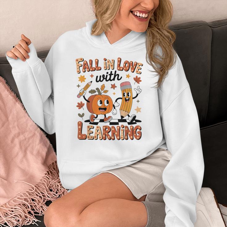Retro Fall In Love With Learning Autumn Pumpkin Teacher Kids Women's Hoodie, funny design
