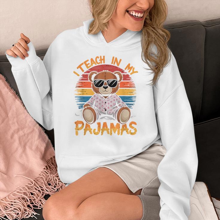 I Teach In My Pajamas Teacher Sunset Bear Retro Women's Hoodie, funny design