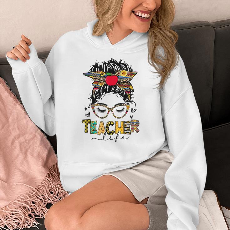Teacher Life Messy Bun Glasses Leopard Sunflower Women's Hoodie, funny design