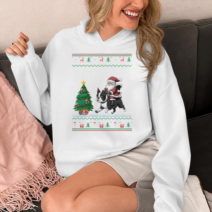 Ugly Christmas Tree Lights Xmas Santa Riding Boston Terrier Women's Hoodie, Boston Terrier Christmas Gifts, Boston Terrier Riding Gifts, funny design