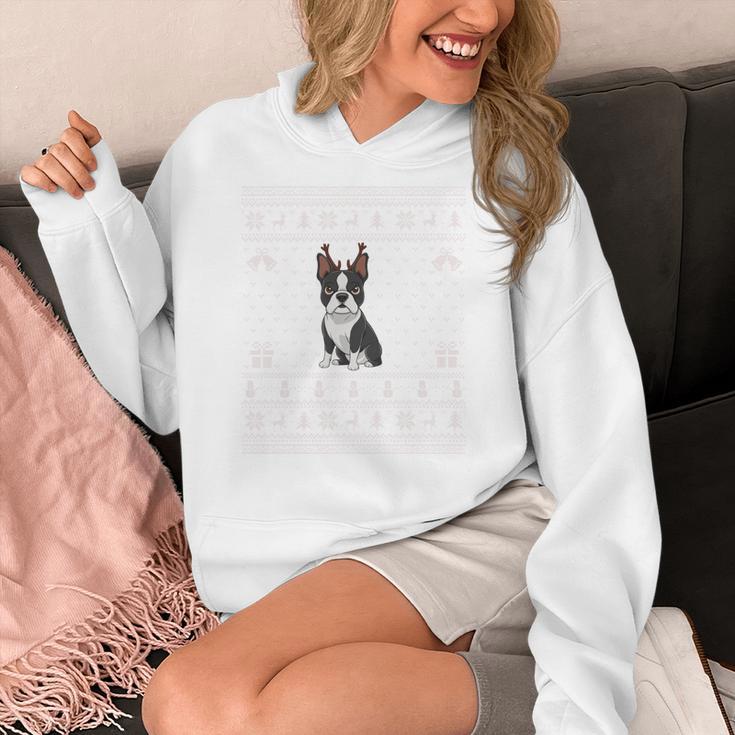 Ugly Xmas Sweater Style Boston Terrier Reindeer Christmas Women's Hoodie, Boston Terrier Christmas Gifts, funny design