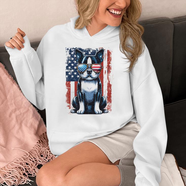 Vintage Boston Terrier Dog American US USA Flag Pets Dogs Women's Hoodie, American Boston Terrier Gifts, funny design