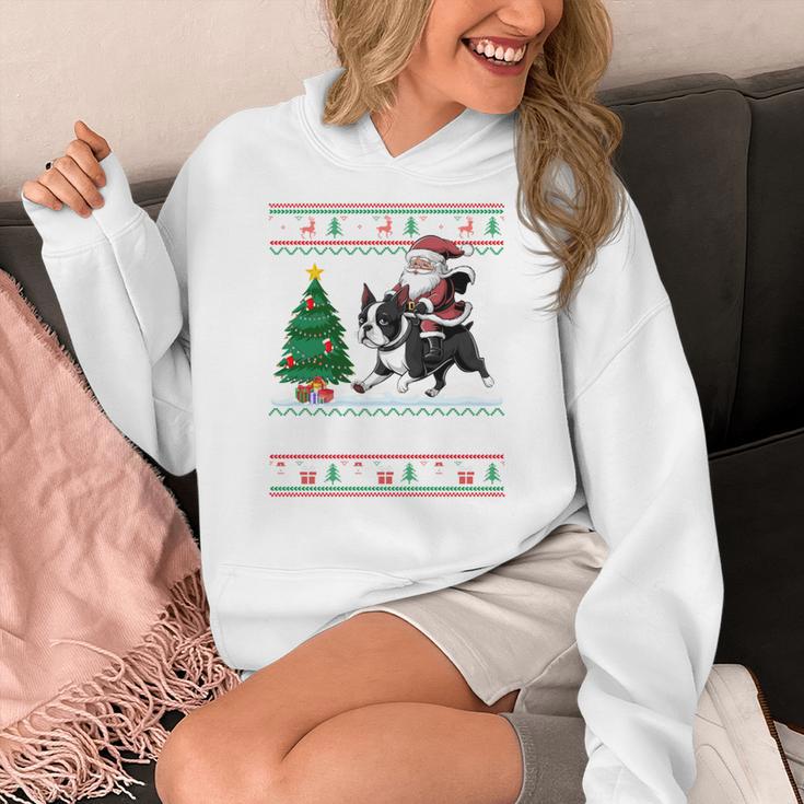 Xmas Tree Lighting Santa Riding Boston Terrier Christmas Women's Hoodie, Boston Terrier Christmas Gifts, Boston Terrier Riding Gifts, funny design