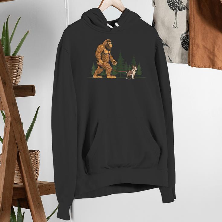 Boston Terrier Bigfoot Dog Walking Dog Mom Dad Kids Women's Hoodie, Boston Terrier Mom Hoodies, Boston Terrier Dad Hoodies, funny gift