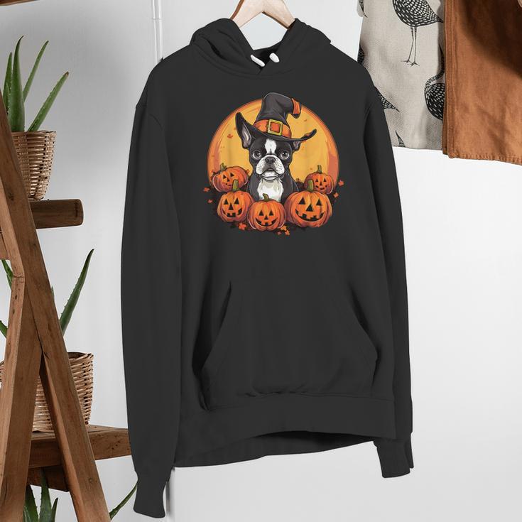 Boston Terrier Bostie Dog Breed Pet Halloween Pumpkins Women's Hoodie, Boston Terrier Halloween Hoodies, funny gift