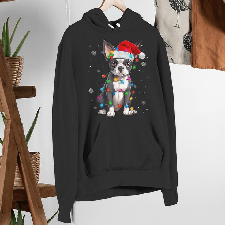 Boston Terrier Christmas Santa Hat Tree Lights Pajama Women's Hoodie, Boston Terrier Christmas Hoodies, funny gift