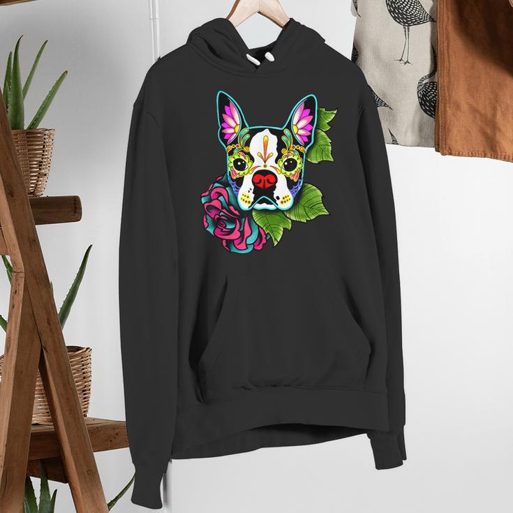 Boston Terrier In Day Of The Dead Sugar Skull Dog Women's Hoodie, funny gift